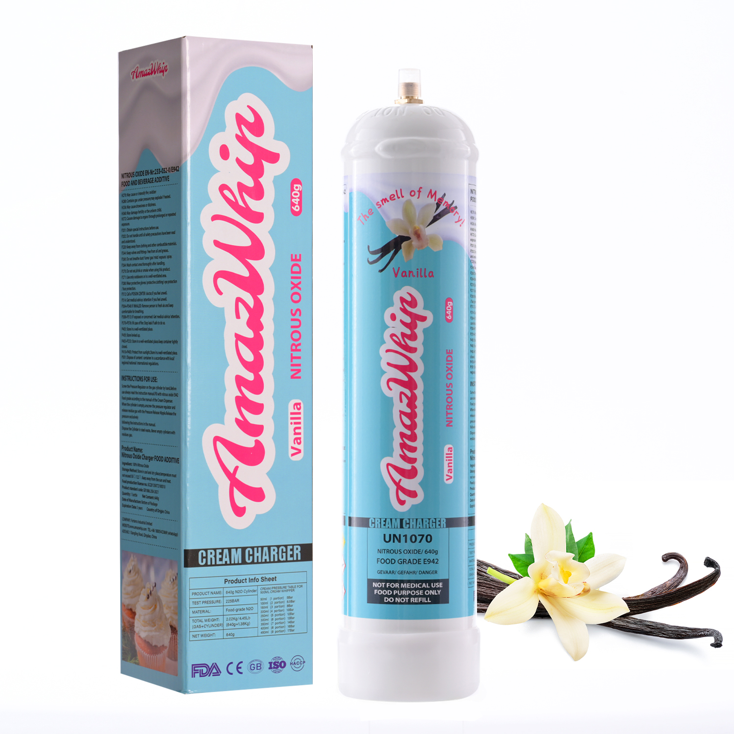 AmazWhip whipped cream charger 640g nitrous oxide tank (640G-VANILLA-8 PACK)